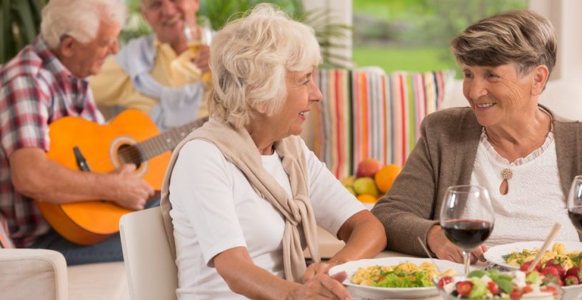 group of senior friends enjoying lunch while one of them plays guitar